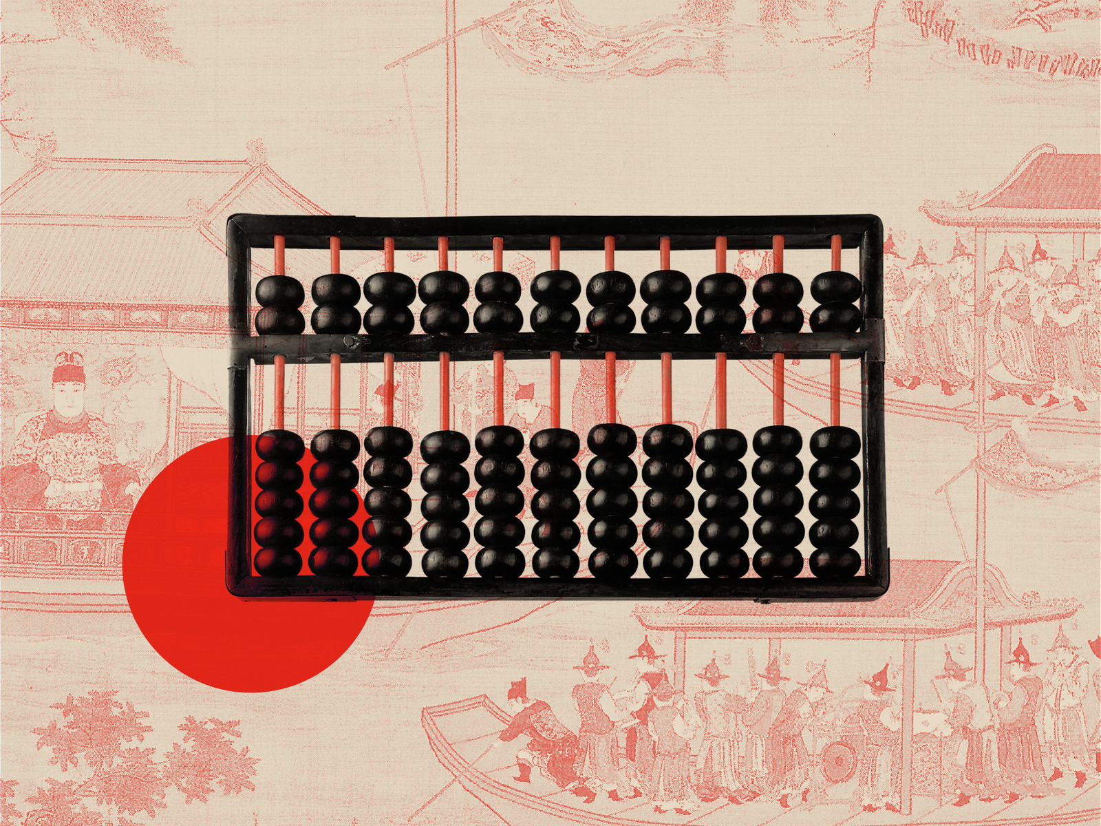 Black and red abacus with a red, decorative circle in the bottom left ...