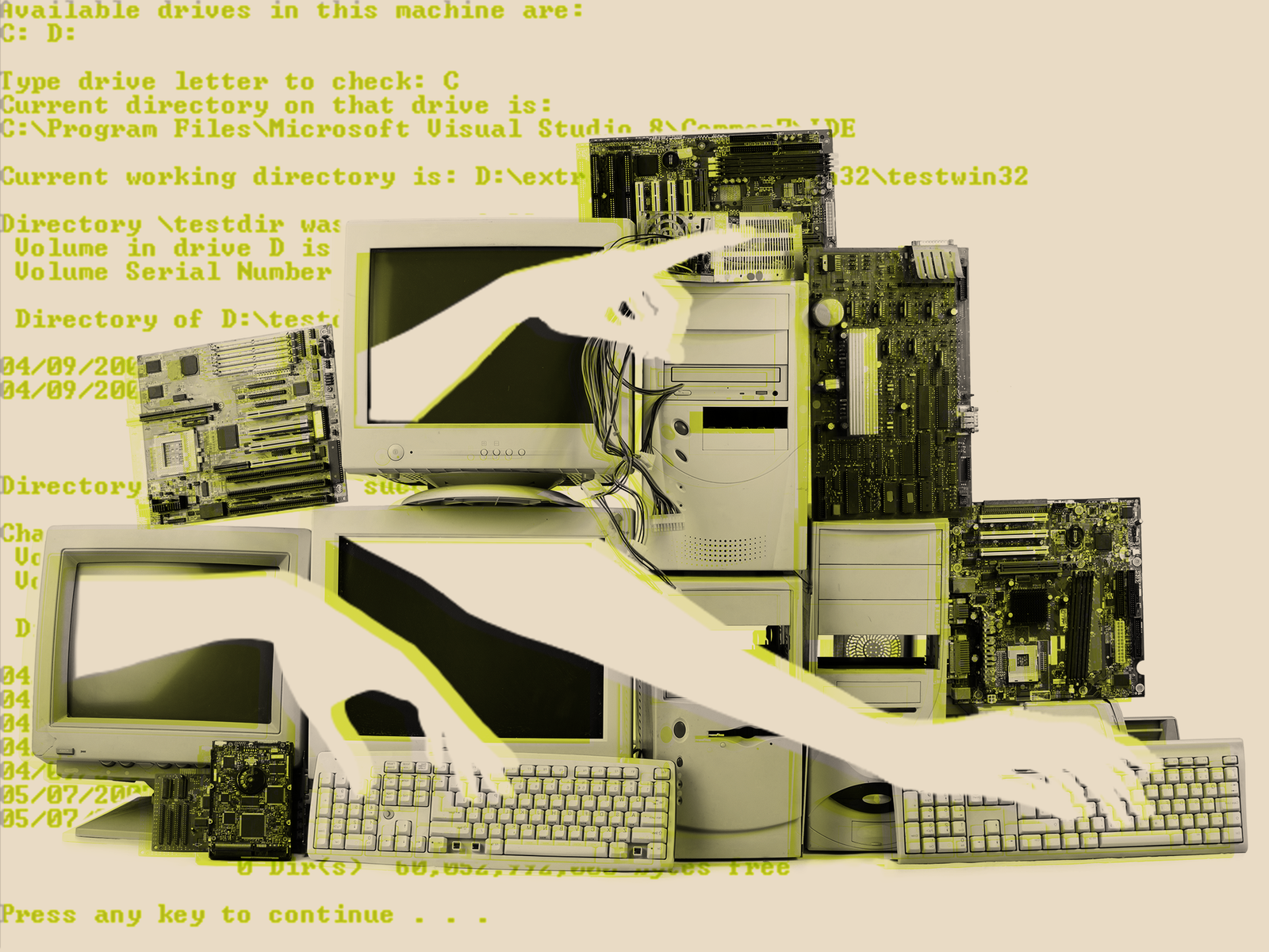 A pile of computer hardware, with two-dimensional hands reaching out ...
