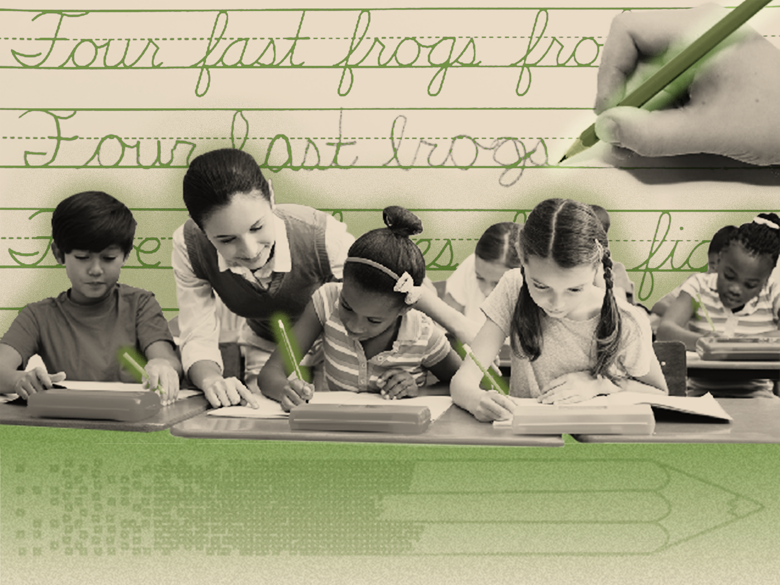 Point To Point Write Learning Several students learning to use a pencil to write, and a teacher ...