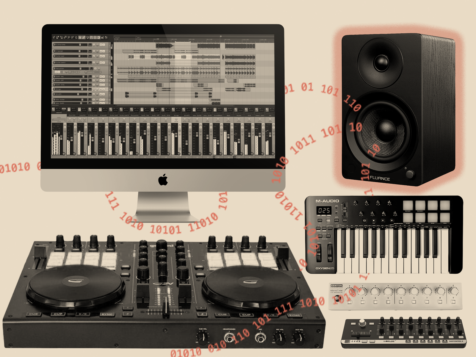 Six digital instruments, all with organge streams of bits emerging from ...