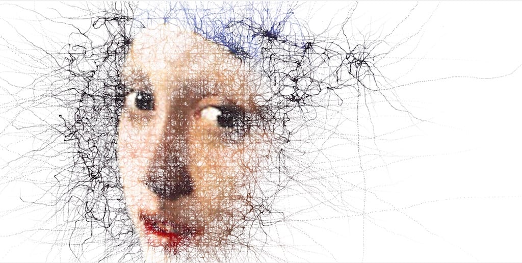 An illustrative version of a woman’s face, but made of tendrils of inky ...