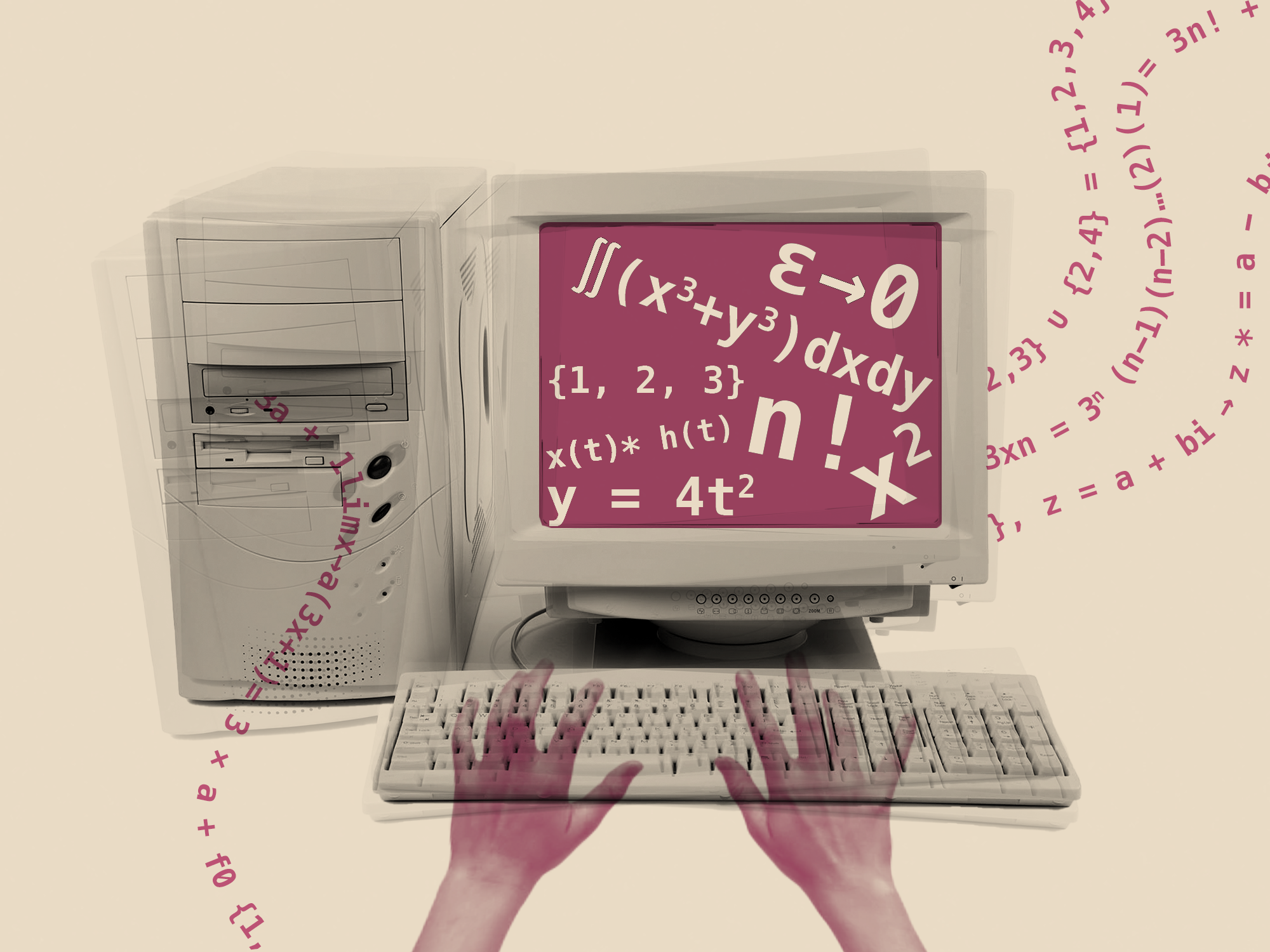 A desktop computer and transparent hands with mathematical symbols on ...