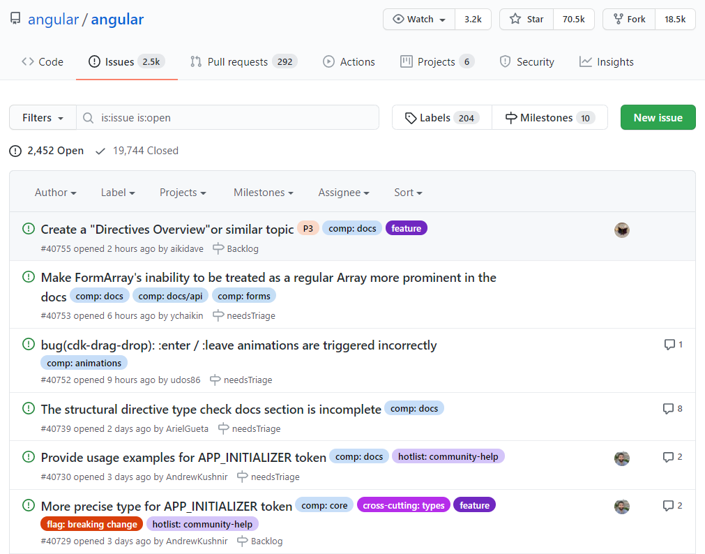 A screenshot of a GitHub Issues page, showing several issues in a table ...