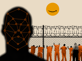 On the left, the form of a face being analyzed by facial recognition, on the bottom, a row of men in prison jump suits against a fence, and above, the Amazon smile logo representing the sun.