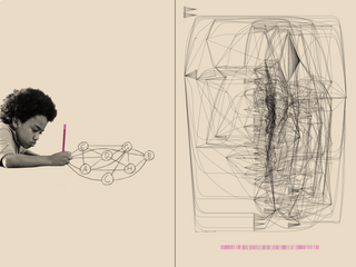 On the left, a child drawing a graph and on the right, an large interconnected network of lines.