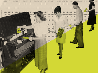 A line of gray scale people entering punch cards into a machine, with a punchcard in the background.