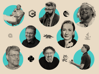 Photographs of programming language inventors, each in a blue circle.