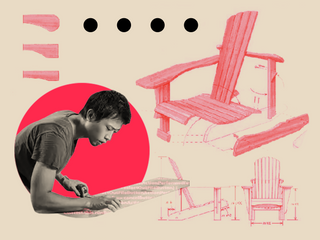An Asian man measuring and cutting wood amidst sketches and assemblies of a wooden chair.