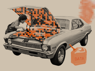 A women fixing a car engine that is steaming pixelated orange, with a gas canister that says DATA nearby.