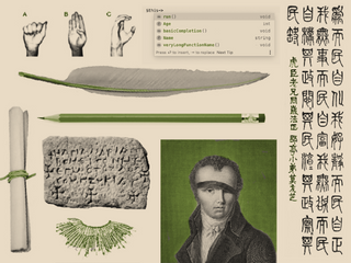 Depictions of sign language, feather quills, pencils, stone tablets, and other creative tools.