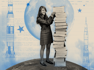 Margaret Hamilton standing atop the moon with printouts of code and illustrations of rockets in the background.