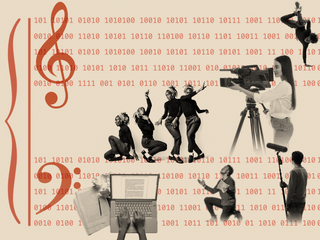 Musical notation, dancers, writers, cameras, and more, amidst binary digits.