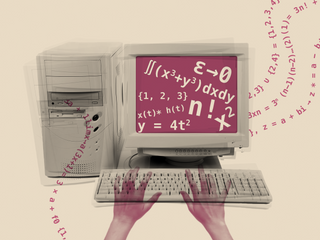 A desktop computer and transparent hands with mathematical symbols on the screen and emerging from the computer and display