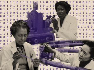 Three women scientists in lab coats working with instruments amidst a sea of binary digits
