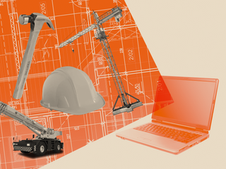 A hard hat, hammer, cranes, and blueprints intersect with a laptop screen.